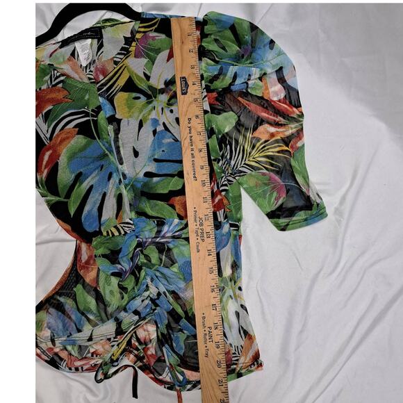 Touch Me sheer Multicolor Leaf pattern 1/2 Sleeve Ruched  Puff sleeve V-Neck LG - Picture 7 of 11